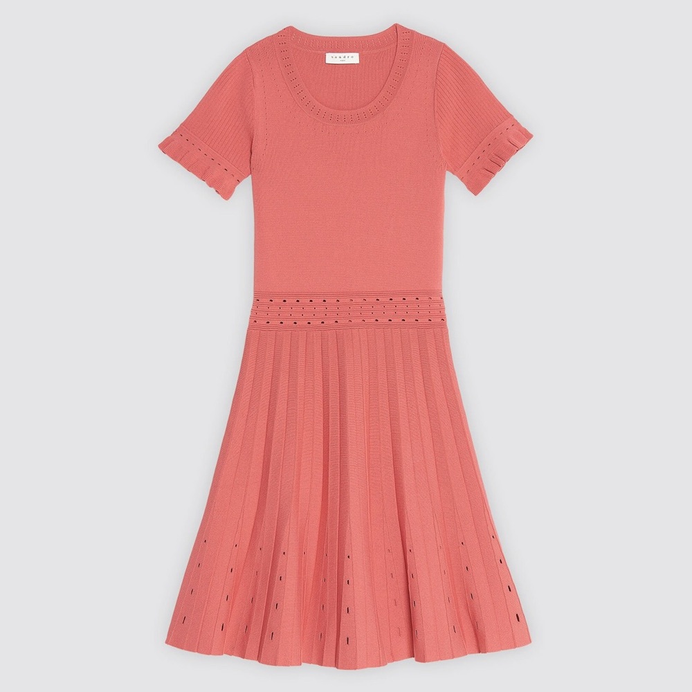Sandro Coral Pink Knit Short‑Sleeve Pleated Dress